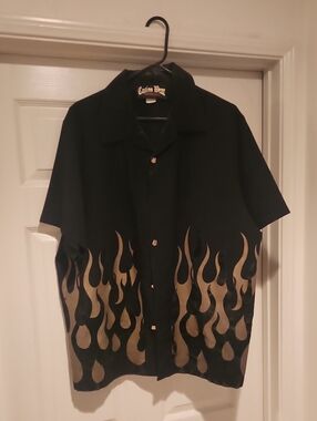 Black Short-Sleeve Flame Print Shirt